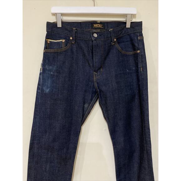 WESC Eddy Selvedge Straight Jeans Men Blue Distressed Size 30x32 - Picture 2 of 8